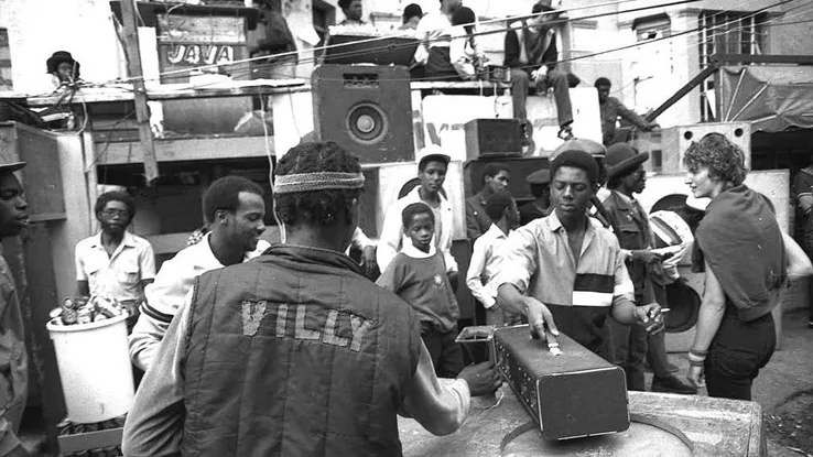 A photo of a sound system playing at the 1983 Notting Hill Carnival